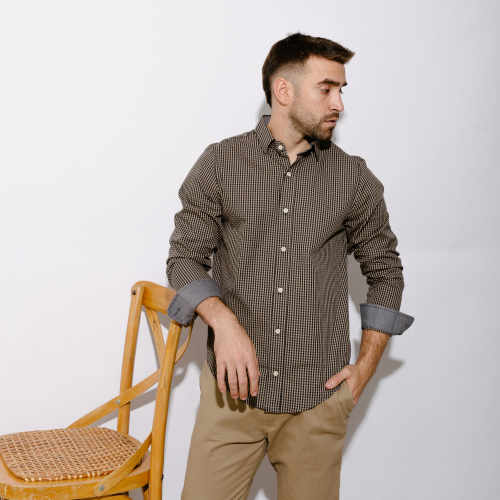 CAMISA LIBERATO BASICS MANGAS LARGAS CUADROS  BEIGE CON NEGRO