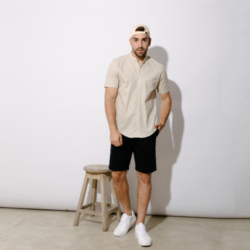 CAMISA LIBERATO BASICS MAO MANGAS CORTAS RAYAS BEIGE