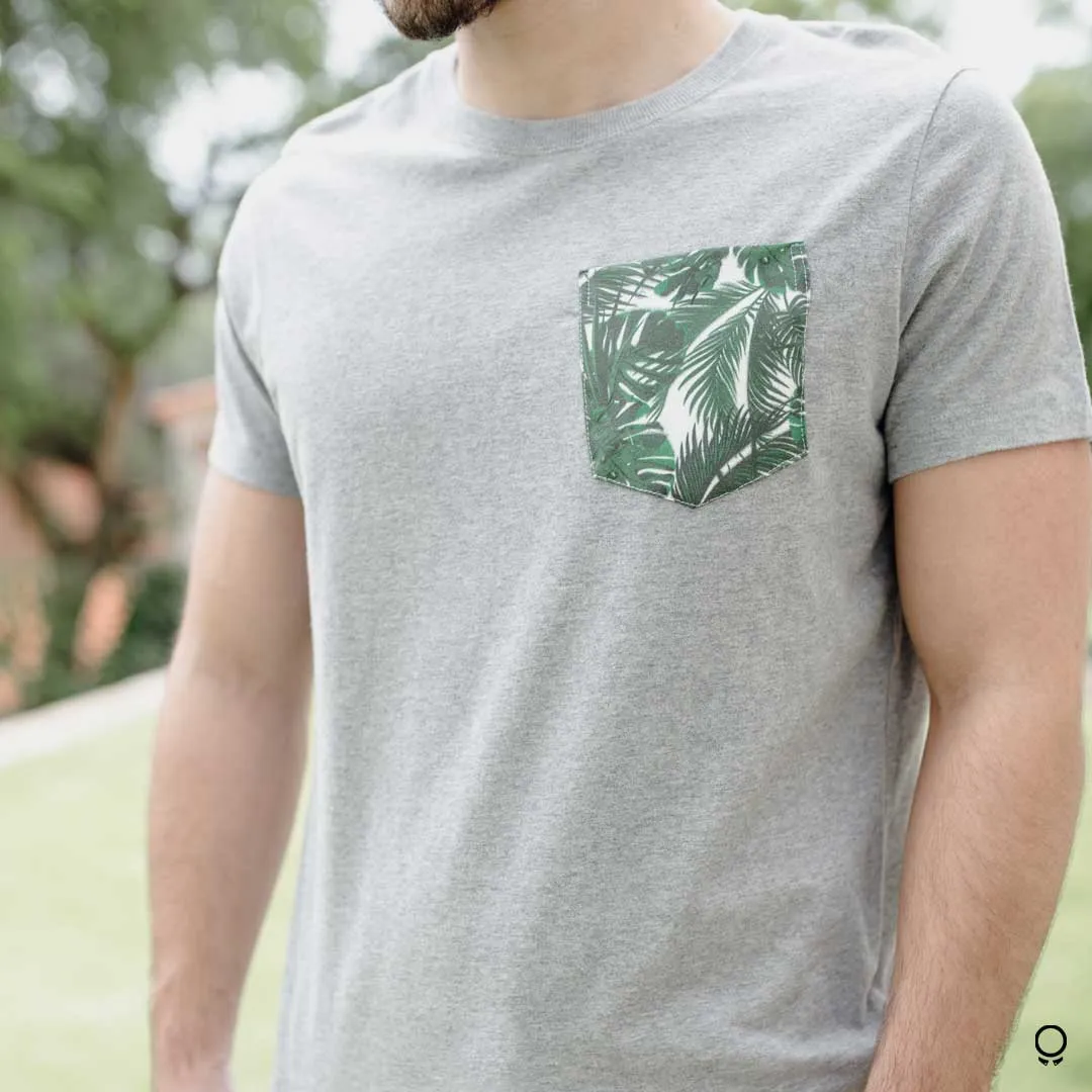 REMERA ABERCROMBIE CUELLO REDONDO GRIS BOLSILLO HOJAS