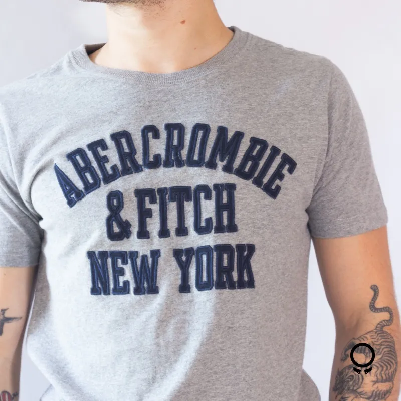REMERA ABERCROMBIE CUELLO REDONDO GRIS ESTAMPA AZUL