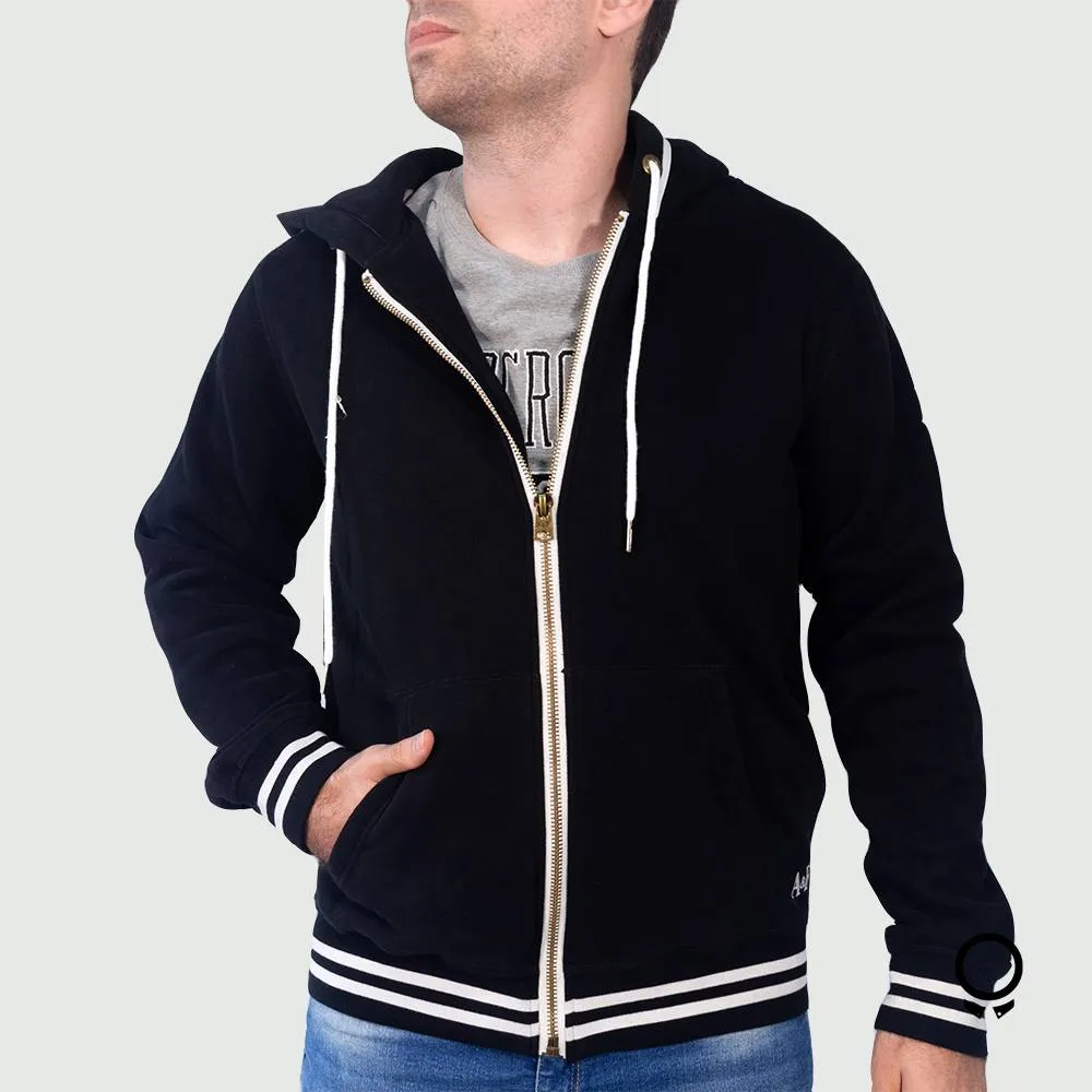 CAMPERA ABERCROMBIE CON CAPUCHA NEGRA CON RAYAS BLANCAS