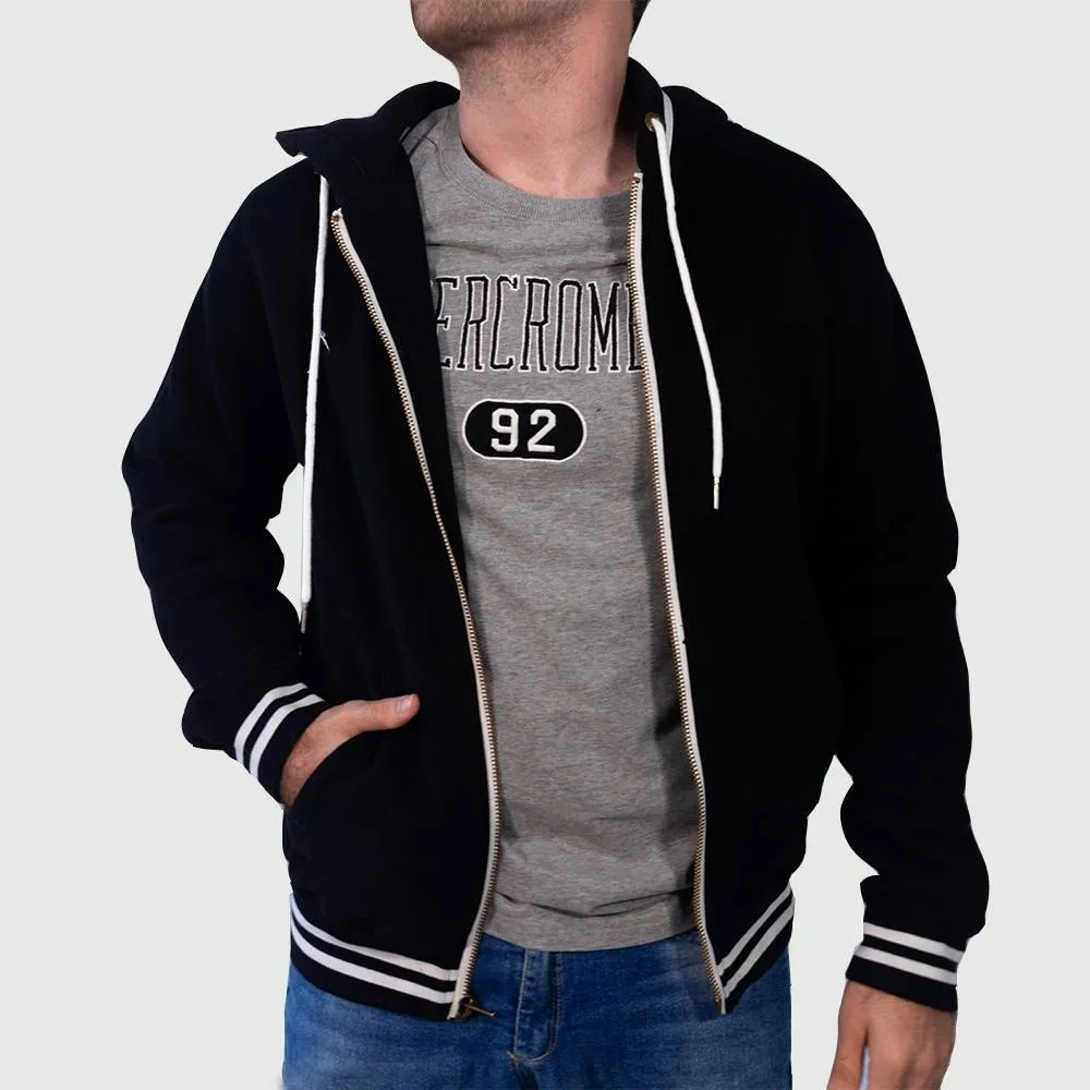 CAMPERA ABERCROMBIE CON CAPUCHA NEGRA CON RAYAS BLANCAS