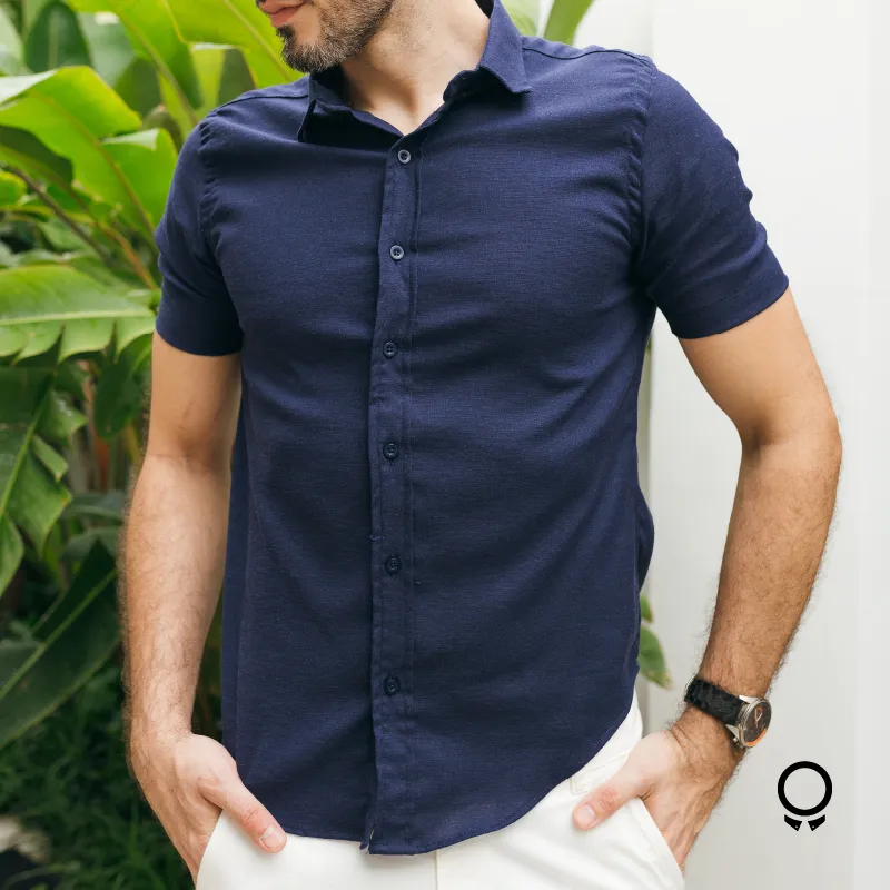 CAMISA LIBERATO BASICS LINO M/C  AZUL MARINO