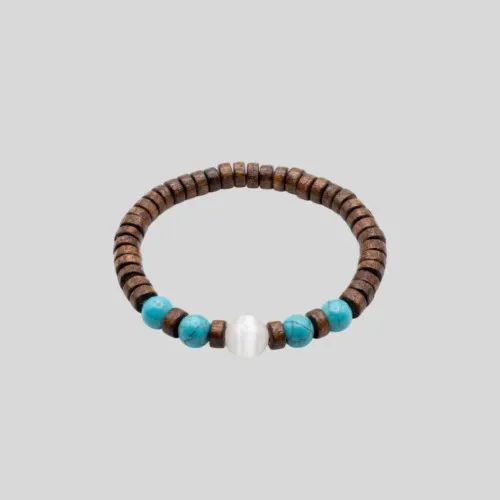 PULSERA LIBERATO MARRON OSCURO DE MADERA CON PIEDRITAS TURQUESA
