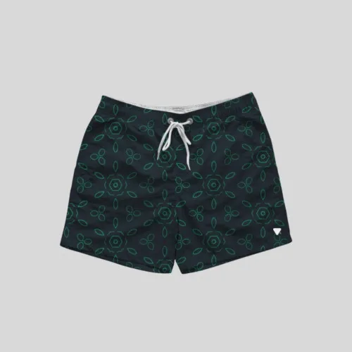 Short De Baño Liberato Negro Hojas Geometricas