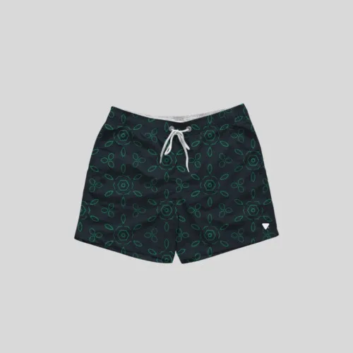 Short De Baño Liberato Negro Hojas Geometricas