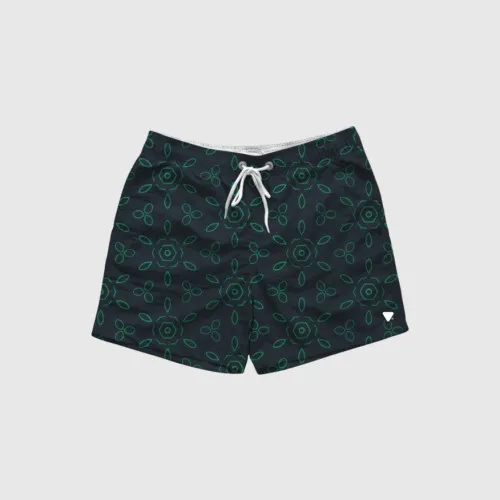 Short De Baño Liberato Negro Hojas Geometricas